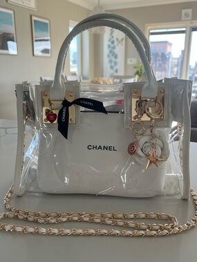 Custom Upcycled Chanel Beauté Clear Bag w Authentic Charms, Ribbon & Makeup Bag